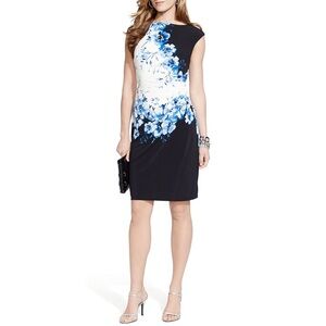 Ralph Lauren Women's Floral Print Stretch Jersey Ruched Formal Dress Size 12P